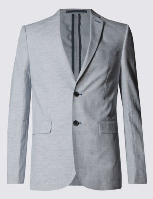 Cotton Rich Modern Slim Fit Striped 2 Button Jacket with Linen